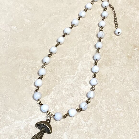 Natural White Magnesite Choker, Cute Bronze Slim Mushroom + Genuine Gemstone - Picture 7 of 14